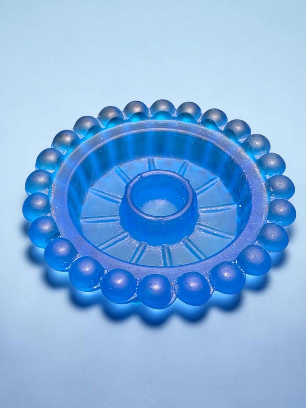 Vintage Blue Satin Frosted Glass Candle Holder with Hobnail Ruffle Edge